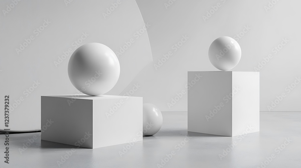 White spheres rest on white cubes in a minimalist setting White spheres rest on white cubes in a minimalist setting
