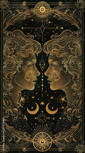 Mystical art deco illustration featuring twin celestial faces in gold against a dark background, adorned with cosmic symbols, moons, stars and intricate nouveau-style ornaments. photo