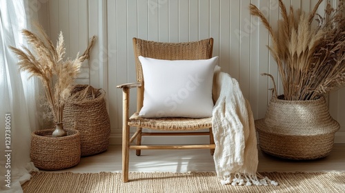 Elegant White Cushion on Farmhouse Style Chair with Natural Decor