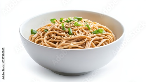 Delicious soba noodles with sesame and chives in white bowl on white background