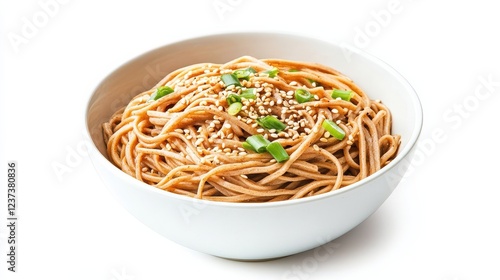 Delicious cold soba noodles garnished with sesame and scallions in white bowl
