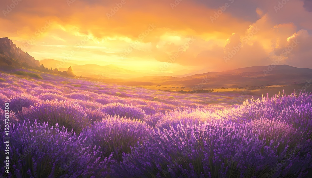 Golden Sunset Over Lavender Fields And Mountains Golden Sunset Over Lavender Fields And Mountains
