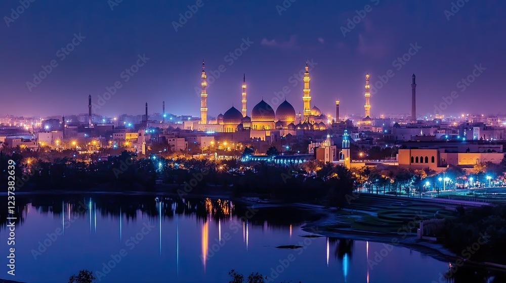 Obraz premium Night cityscape of Sharjah, UAE, with its Grand Mosque illuminated, reflecting beautifully on the serene lake. A stunning panorama of urban architecture and spiritual landmark.