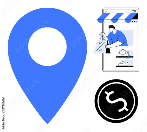 Location pin, smartphone with online shopping scene, dollar sign. Ideal for e-commerce, online shopping, digital marketplace, location-based services, mobile retail, economics business strategy