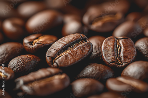 Coffee beans scattered on the ground creating a natural texture and pattern in a close-up view for food and beverage related imagery photo