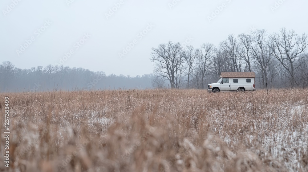 Fototapeta premium Van life winter landscape snowy field travel