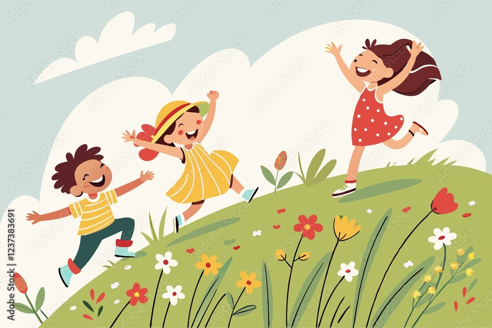 Fototapeta premium happy children jumping on summer meadow