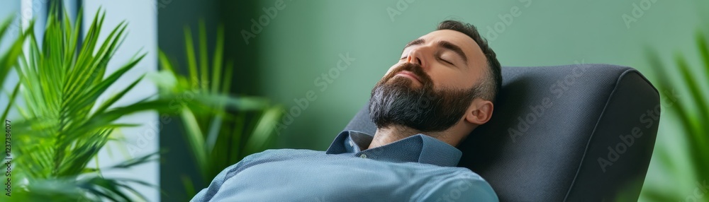 Fototapeta premium Man sleeping peacefully in a comfortable chair, relaxing home scene of rest and repose