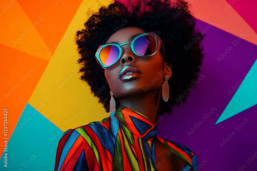 Obraz premium Stylish female with afro and sunglasses in colorful geometric background