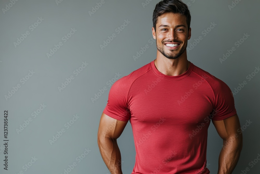 Fototapeta premium Smiling young caucasian male in red t-shirt against gray background