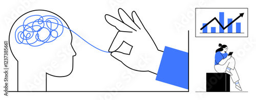 Hand untangling a line from a cluttered brain, person seated reading, and a rising graph. Ideal for mental health, problem-solving, clarity, focus, growth strategy and productivity themes. Line