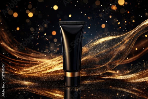 Package beauty cosmetic tube black gold, sripes splash premium mockup template photo