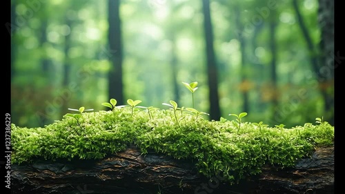 Lush green forest scene with vibrant moss and young plants thriving on a fallen log, sunlight filtering through