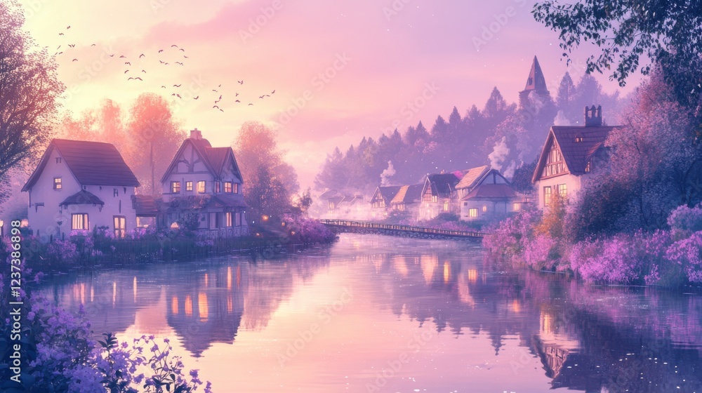 Illustration of a tranquil river winding through Illustration of a tranquil river winding through