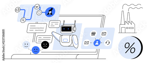 AI robot headset responding to emoticons, chat bubbles on laptop, icons for user profile, tasks, communication tools, factory background, percentage sign. Ideal for customer service, AI technology
