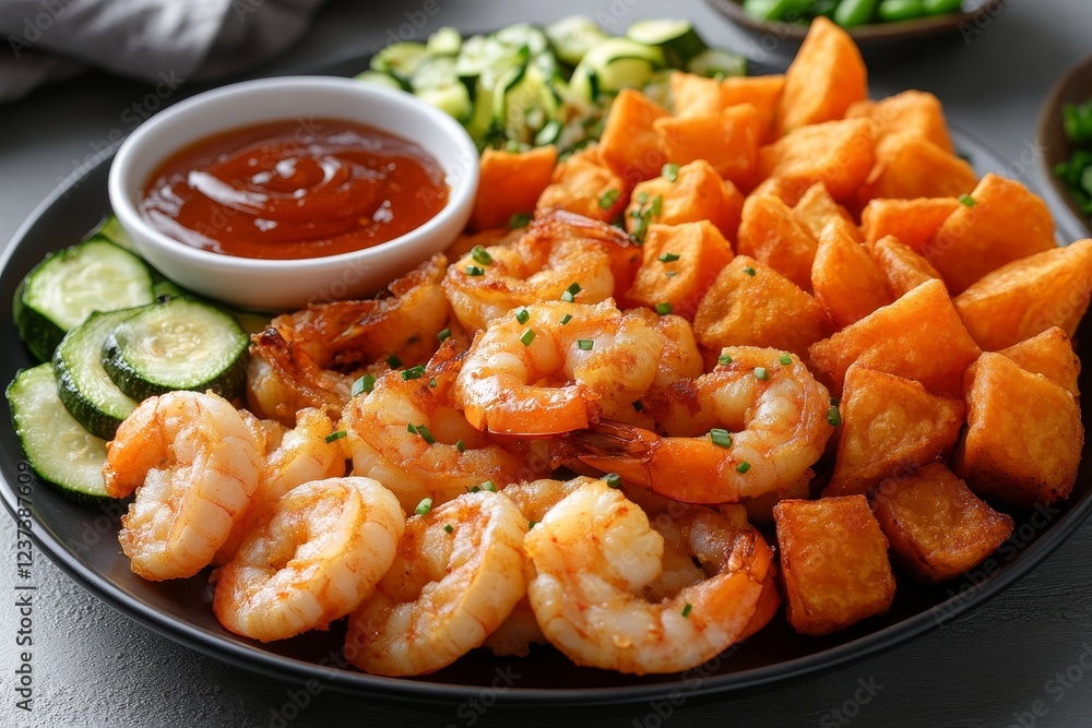 Grilled shrimp, sweet potato, zucchini platter Grilled shrimp, sweet potato, zucchini platter