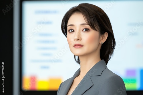 Free Download Businesswoman standing in front of interactive whiteboard displaying charts and data - GFXLoad