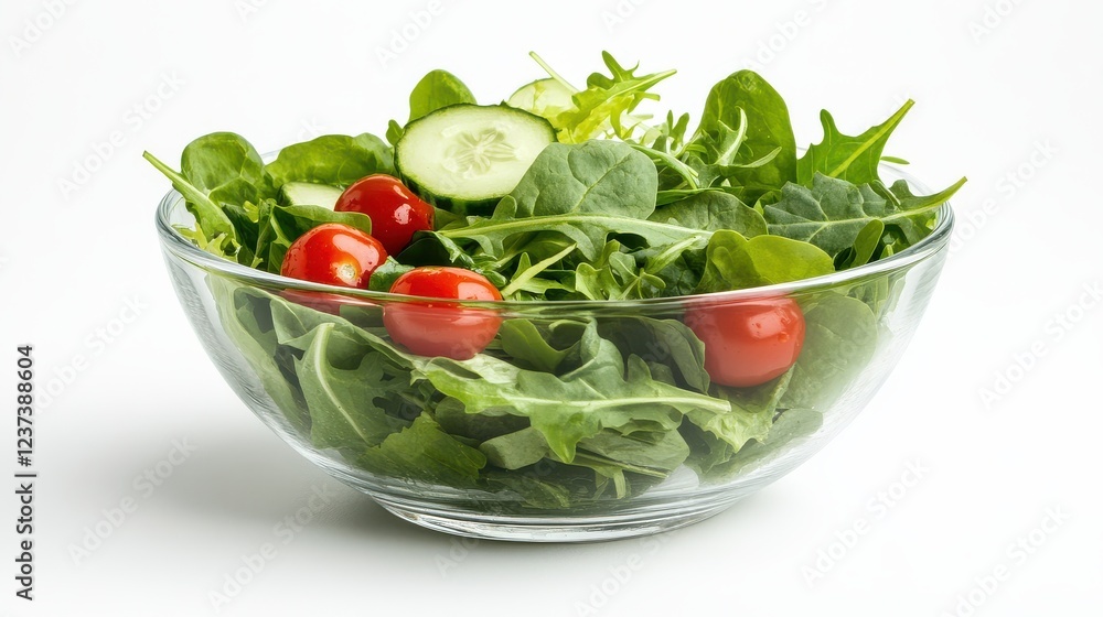 Fresh garden salad with spinach, arugula, and cherry tomatoes in glass bowl Fresh garden salad with spinach, arugula, and cherry tomatoes in glass bowl