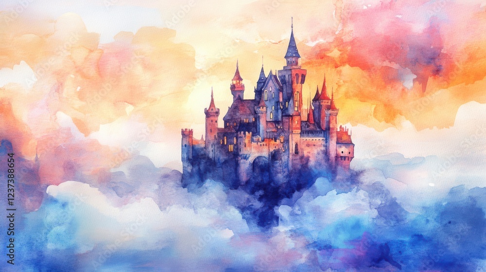 Fototapeta premium Watercolor painting of a magical castle floating on pastel clouds,