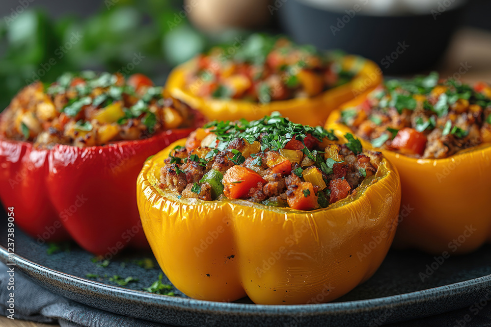 stuffed peppers, baked and served on a plate. Bright yellow and red peppers are filled with a mixture of minced meat, vegetables, spices and herbs. stuffed peppers, baked and served on a plate. Bright yellow and red peppers are filled with a mixture of minced meat, vegetables, spices and herbs.