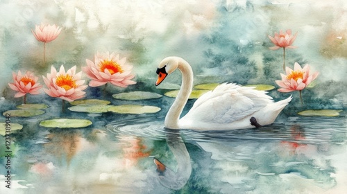 Watercolor scene of an elegant swan gliding through
