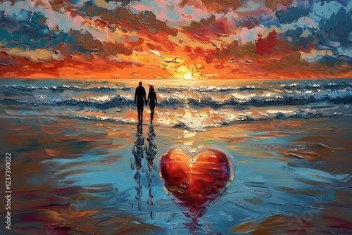 Couple walking hand in hand on a beach at sunset with a heart-shaped reflection in the water