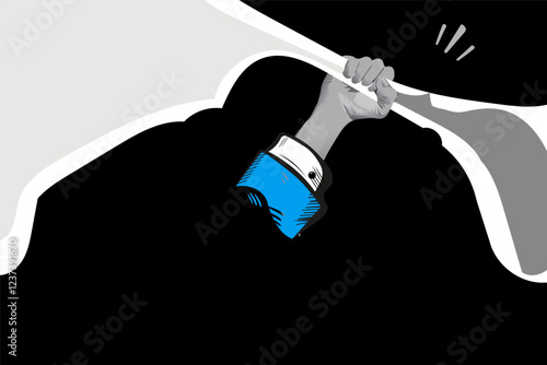 Powerful Hand Stretching, Expanding, Grey Fabric, Business Suit, Pop Art Style, Dramatic Tension