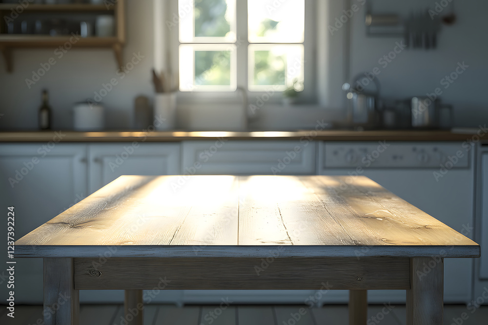 Fototapeta premium Wooden Table in Sunlit Kitchen Setting