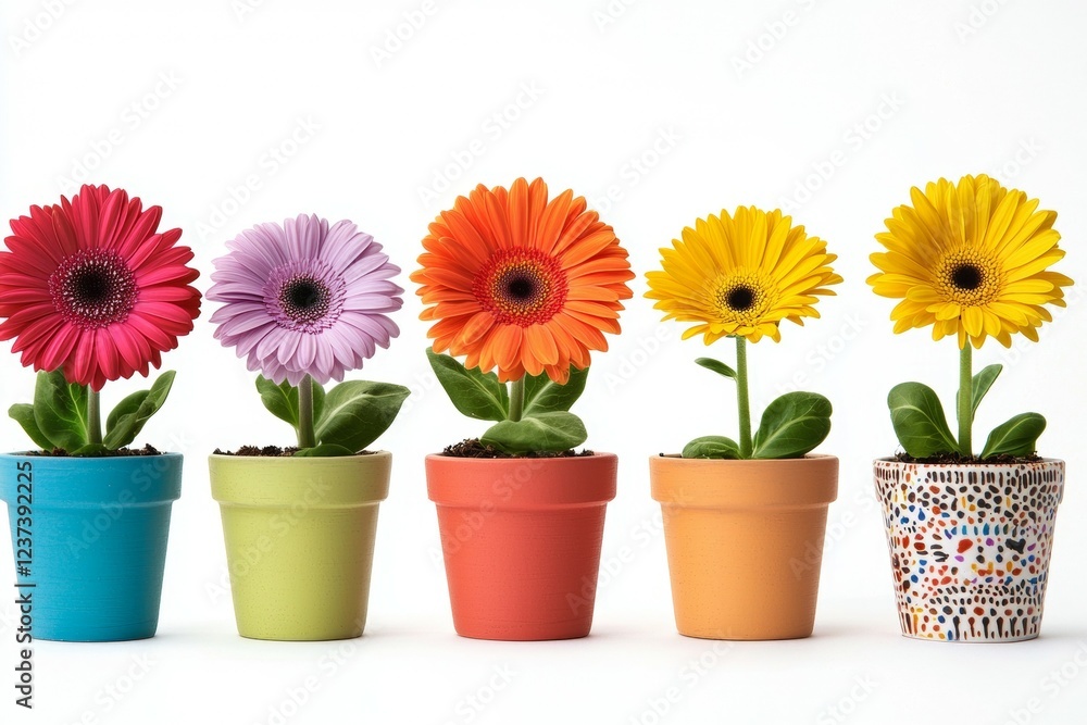 Row of five potted flowers in different colors Row of five potted flowers in different colors