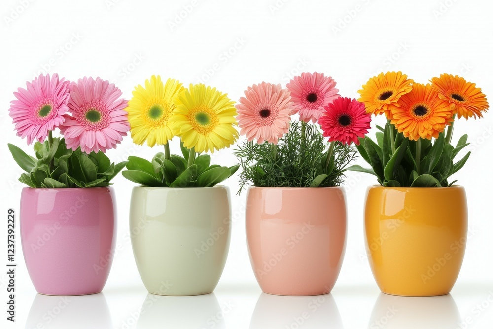 Four flower pots with different colored flowers in them Four flower pots with different colored flowers in them