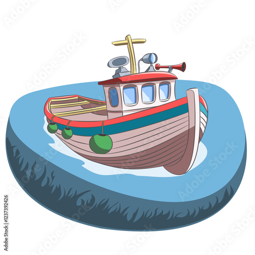 Colored vector illustration of Fishing boat in the sea