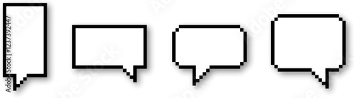 Vector design of minimalist pixelated text bubbles in black frame and white background