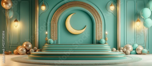 Teal moonlit stage, balloons, lanterns