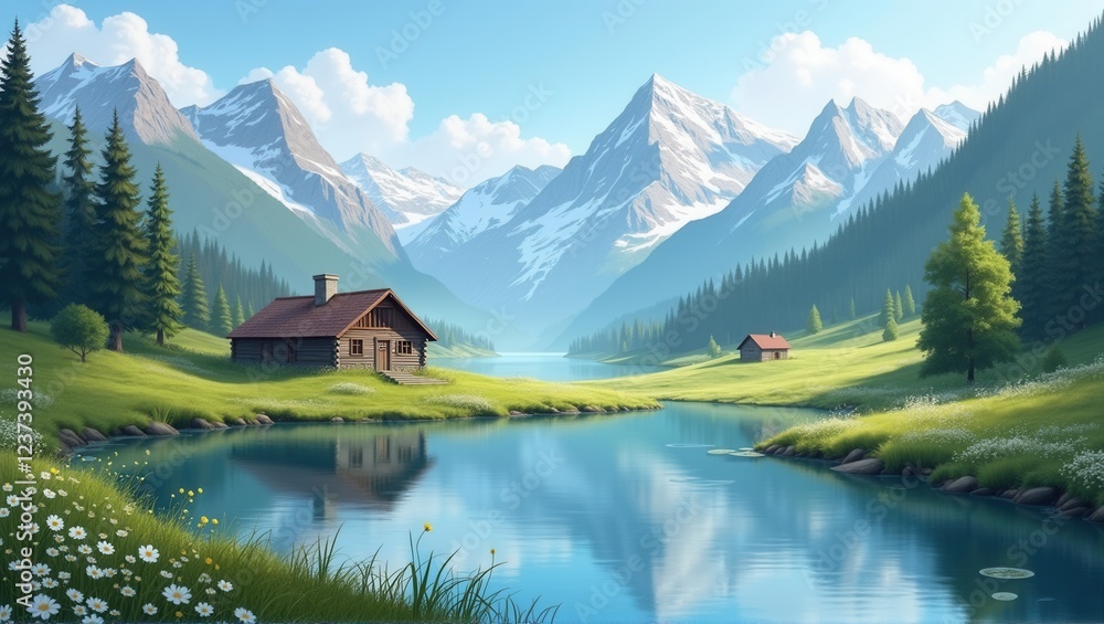 Naklejka premium A peaceful mountain scene with a tranquil lake reflecting the snowy peaks, surrounded by lush green trees and a cozy cabin by the water, creating a serene nature escape. Generative, AI,