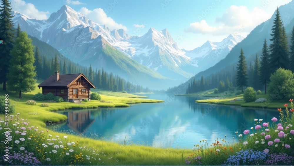Fototapeta premium A peaceful mountain scene with a tranquil lake reflecting the snowy peaks, surrounded by lush green trees and a cozy cabin by the water, creating a serene nature escape. Generative, AI,
