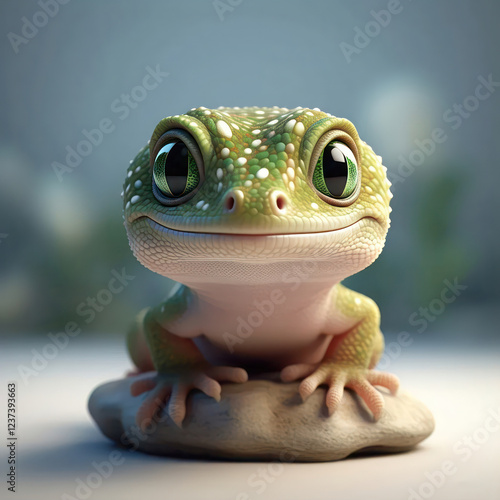 smiling cute little gecko lizard on a white background, 3d render