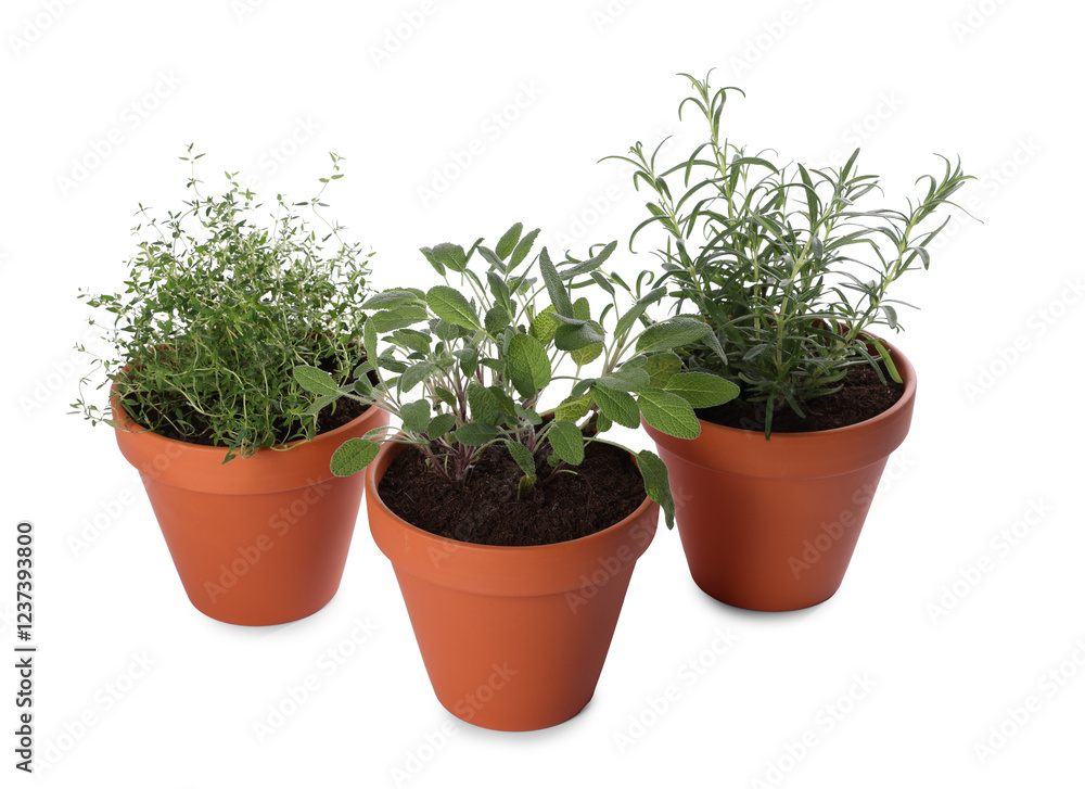 Aromatic herbs in pots isolated on white Aromatic herbs in pots isolated on white