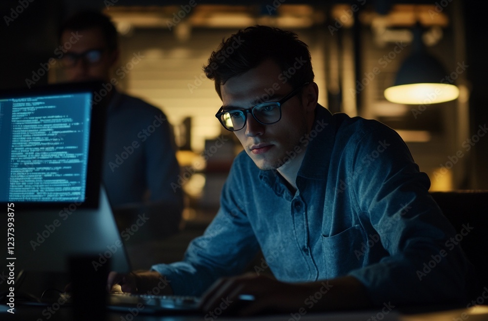 Young programmer working on code at a modern workspace illuminated by soft lighting, highlighting a tech-driven environment Young programmer working on code at a modern workspace illuminated by soft lighting, highlighting a tech-driven environment