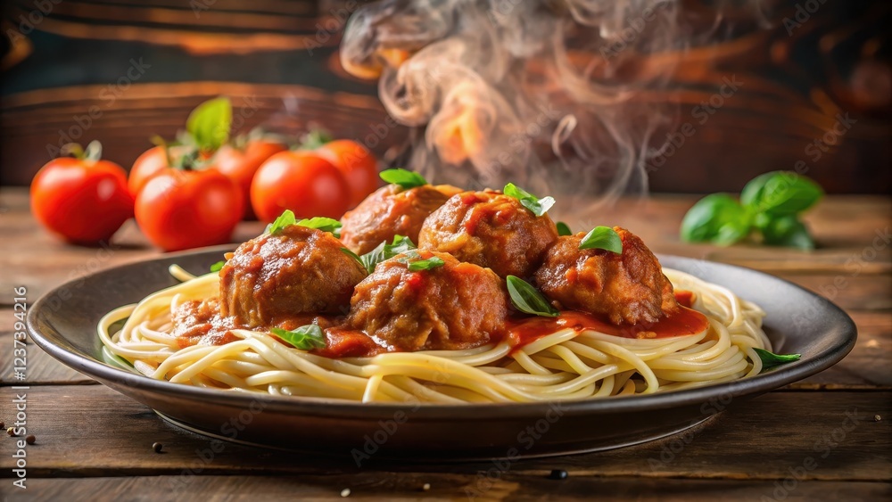 Fototapeta premium Steaming hot pasta dish on a plate with tender meatballs in a rich marinara sauce