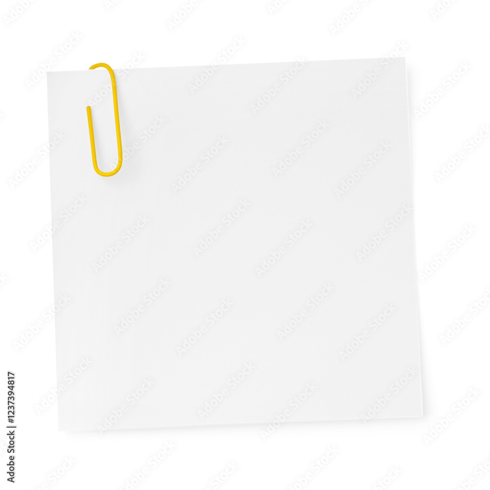 Blank paper note attached with clip isolated on white, top view Blank paper note attached with clip isolated on white, top view