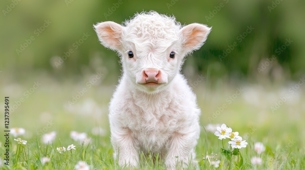 Fluffy white calf in spring meadow Fluffy white calf in spring meadow