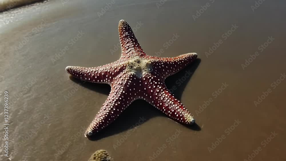 Colorful starfish rests on wet sand by the shoreline during low tide in a coastal area Colorful starfish rests on wet sand by the shoreline during low tide in a coastal area