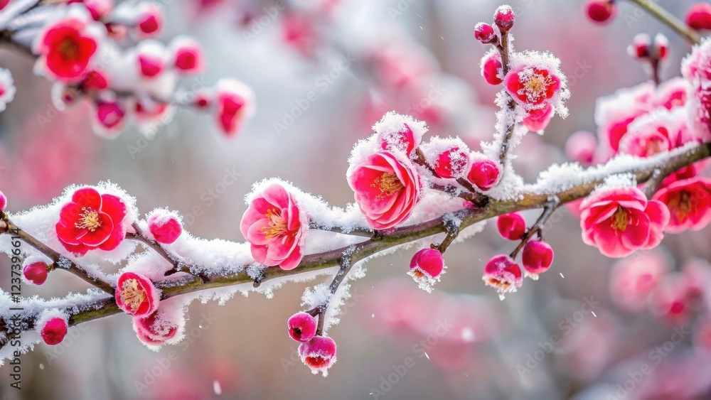 Snow-covered branch with red plum blossoms, surrounded by frosty air, branches, blooming tree, branches, blooming tree Snow-covered branch with red plum blossoms, surrounded by frosty air, branches, blooming tree, branches, blooming tree