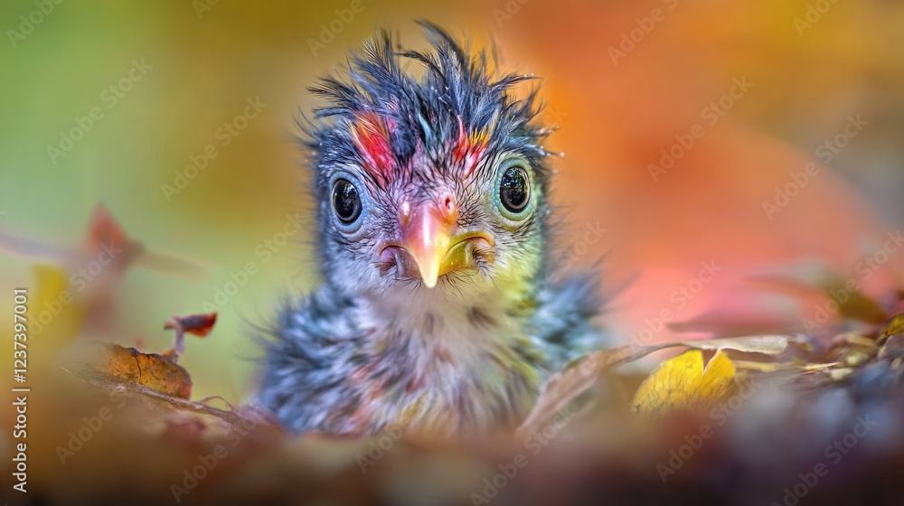 Fototapeta premium Cute Baby Bird in Autumn Leaves