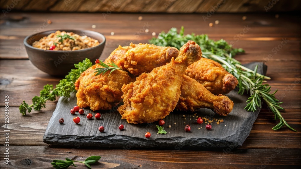 Crispy Southern fried chicken on a black stone table with golden brown crust Crispy Southern fried chicken on a black stone table with golden brown crust