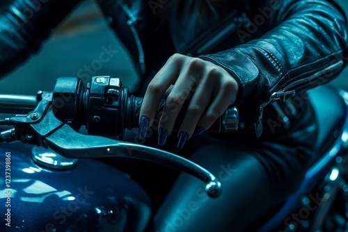 Female biker hand on motorcycle handlebar in night lighting photo