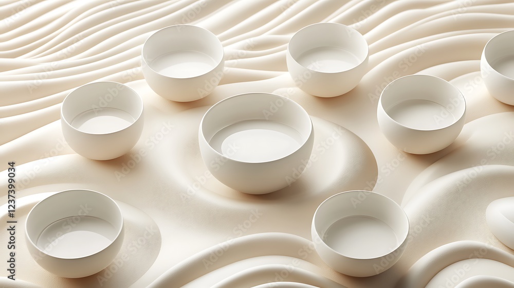 White Bowls Arranged on a Creamy Wavy Surface White Bowls Arranged on a Creamy Wavy Surface
