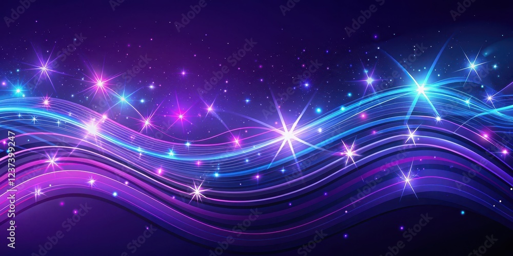 Fototapeta premium Vibrant abstract wavy lines with twinkling stars in shades of indigo and purple , cosmic, star, cosmic, star, celestial, shimmer