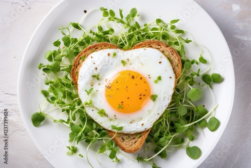 Valentine s day themed breakfast with heart shaped egg on toast served on a white plate Includes a homemade healthy sandwich milk eggs and microgreens arrange photo