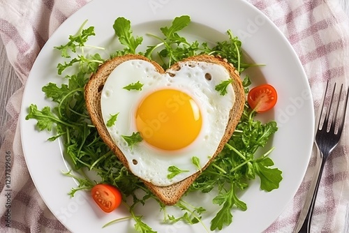 Valentine s day themed breakfast with heart shaped egg on toast served on a white plate Includes a homemade healthy sandwich milk eggs and microgreens arrange photo